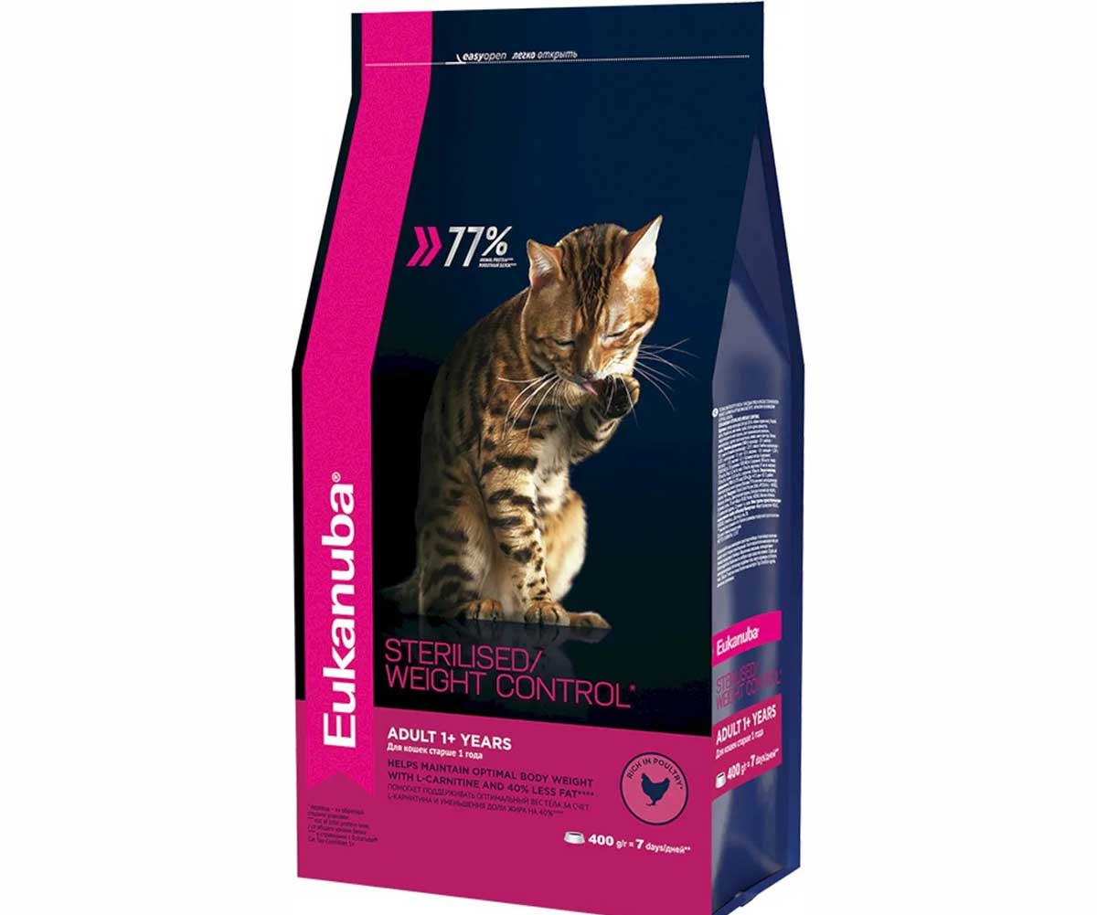 Сухой Корм Eukanuba (Эукануба)  Для Стерилизованных Кошек и Кастрированных Котов Контроль Веса Курица Adult Sterilised / Weight Control Chicken & Turkey 400г