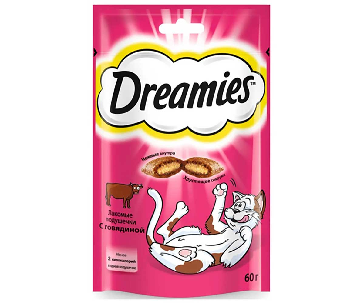 Лакомство Подушечки Dreamies (Дримс) Для Кошек Говядина Cat Treats With Tempting Beef 60г (1*6)