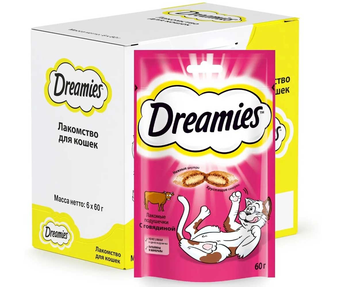 Лакомство Подушечки Dreamies (Дримс) Для Кошек Говядина Cat Treats With Tempting Beef 60г (1*6)