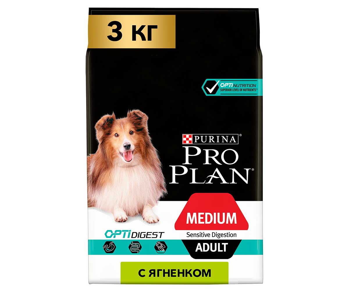 Сухой Корм ProPlan (Проплан) Для Собак Средних Пород с Чувствительным Пищеварением Ягненок и Рис Adult Dog Optidigest Medium Sensitive Digestion 3кг (1*4)