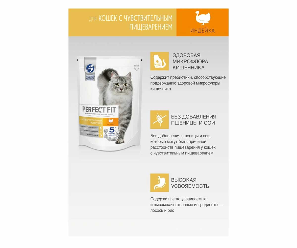 Сухой Корм Perfect Fit (Перфект Фит) Для Кошек с Чувствительным Пищеварением Индейка Sensitive 650г (1*10)