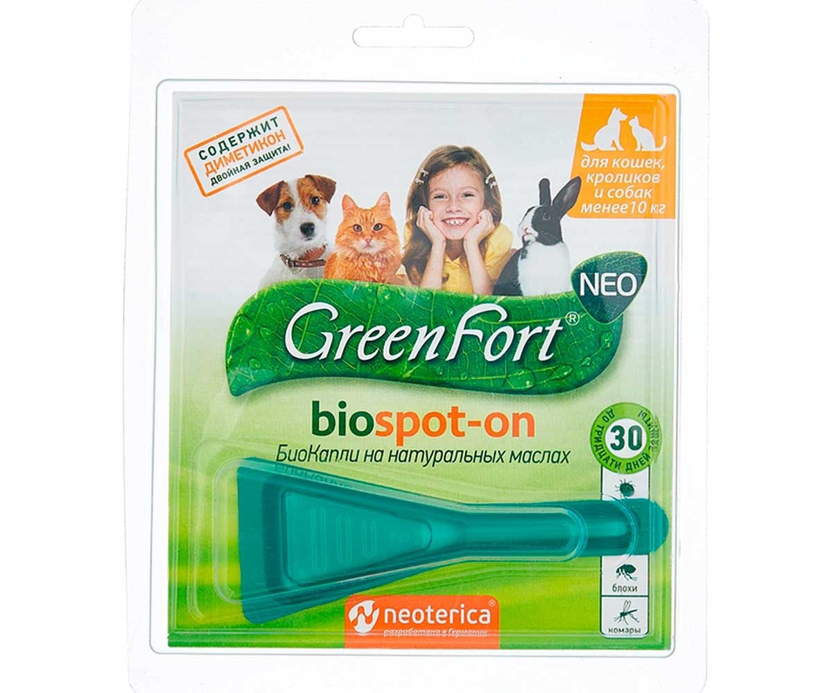 БиоКапли Greenfort NEO BioSpot-On От Эктопаразитов Для Кошек Кроликов и Собак До 10кг G201