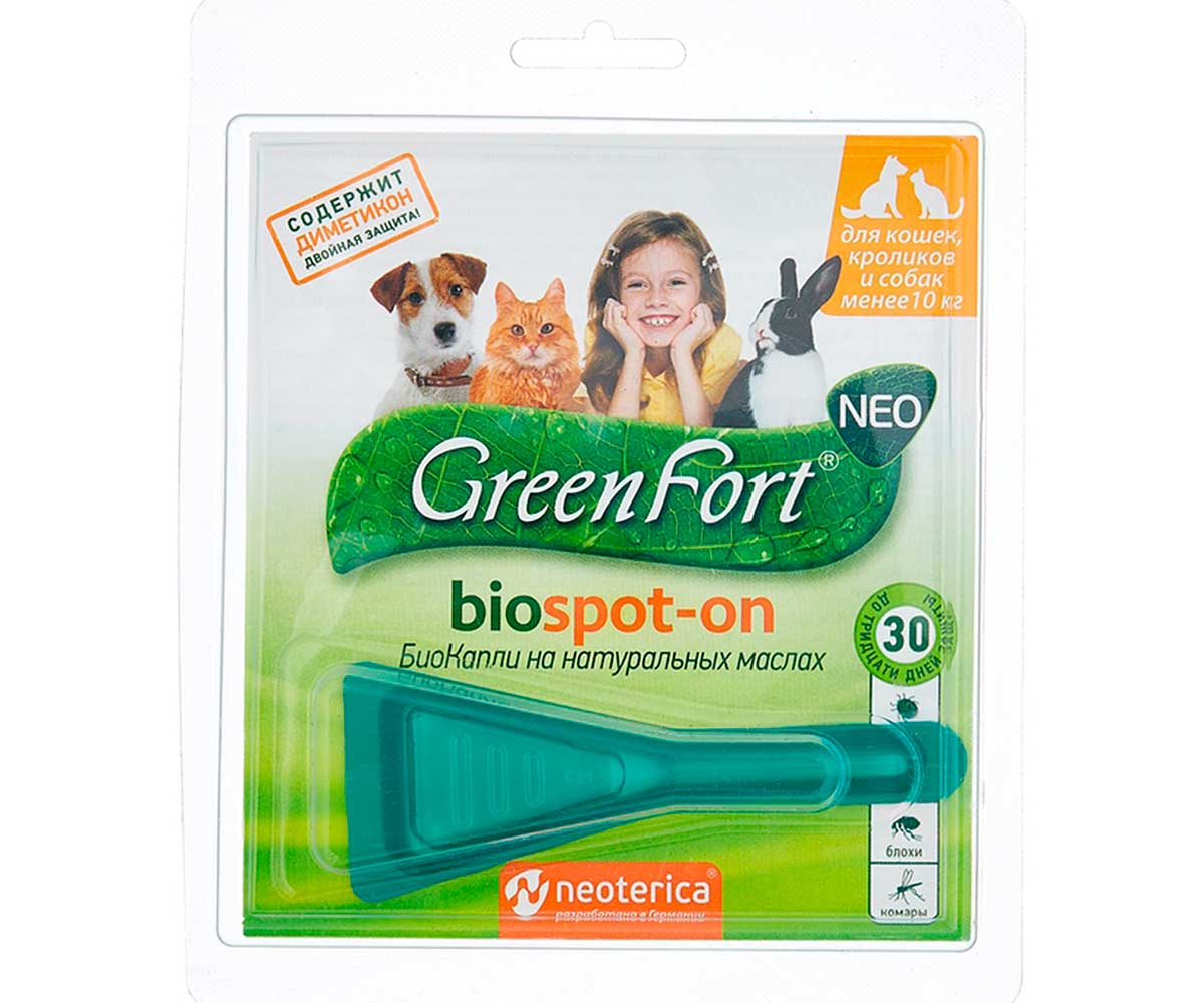 БиоКапли Greenfort NEO BioSpot-On От Эктопаразитов Для Кошек Кроликов и Собак До 10кг G201