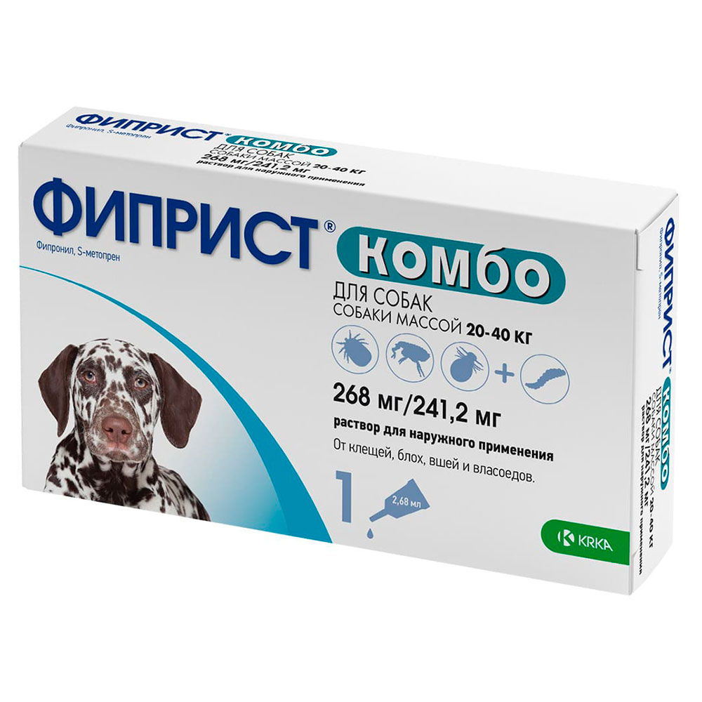 Фиприст Комбо Капли Для Собак Весом От 20 До 40 Кг Против Клещей, Блох, Вшей И Власоедов 1 Пипетка По 268мг/2,68мл KRKA