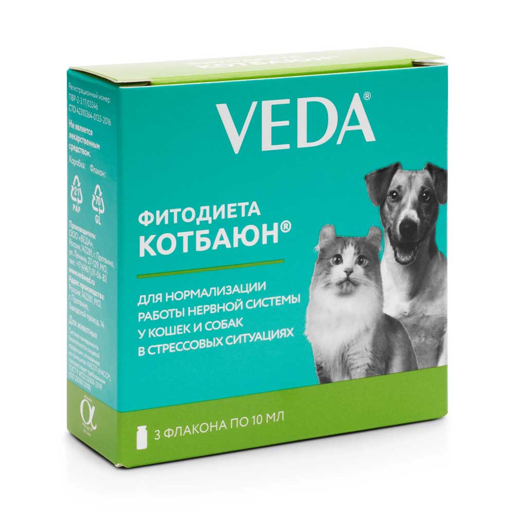 Фитодиета Кот Баюн Для Нормальной Работы Нервной Системы у Кошек и Собак в Стрессовых Ситуациях 10мл 3-Флакона VEDA