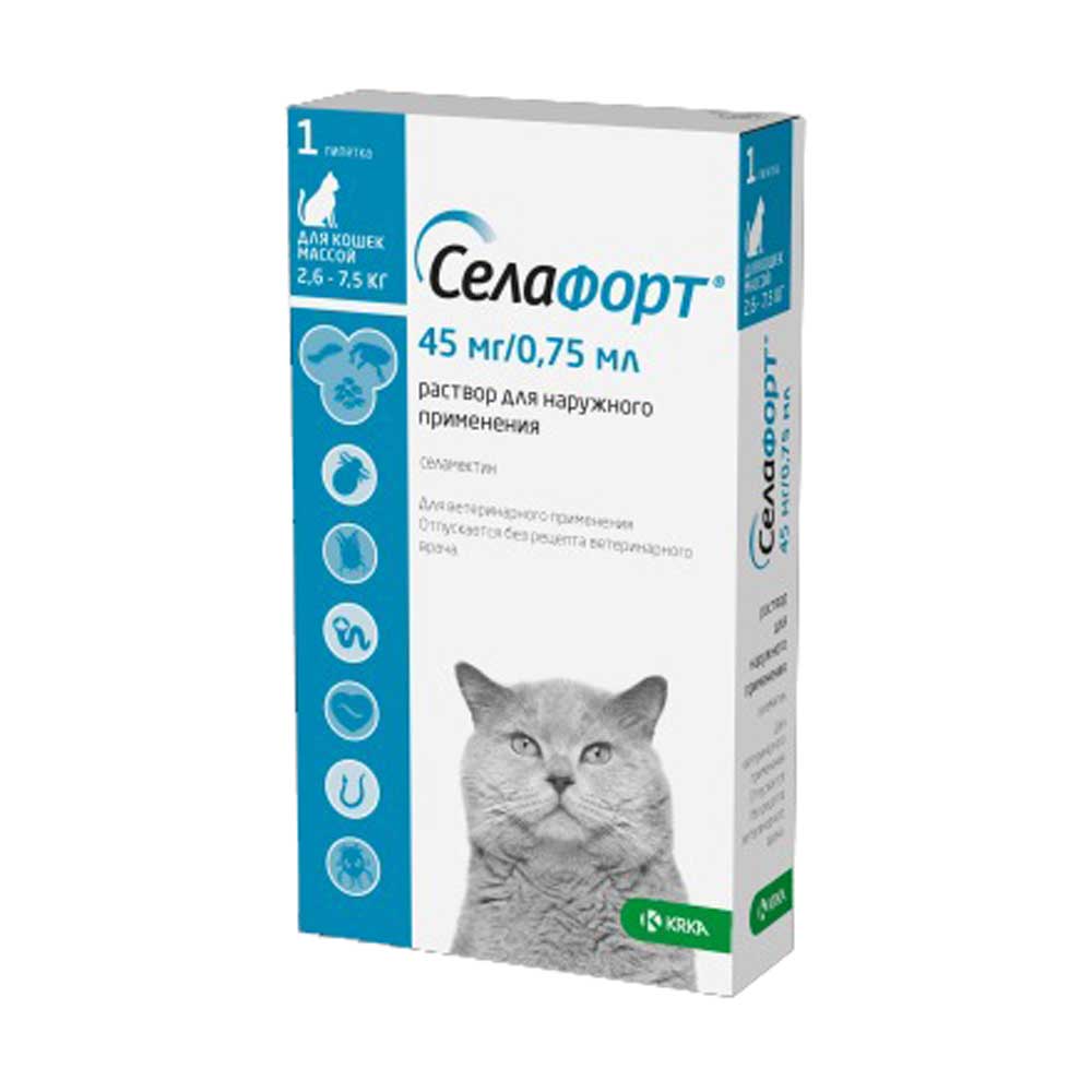 Селафорт Капли Для Кошек Весом От 2,6 До 7,5 кг Против Внутренних и Внешних Паразитов 45 мг Бирюзовый Колпачок KRKA