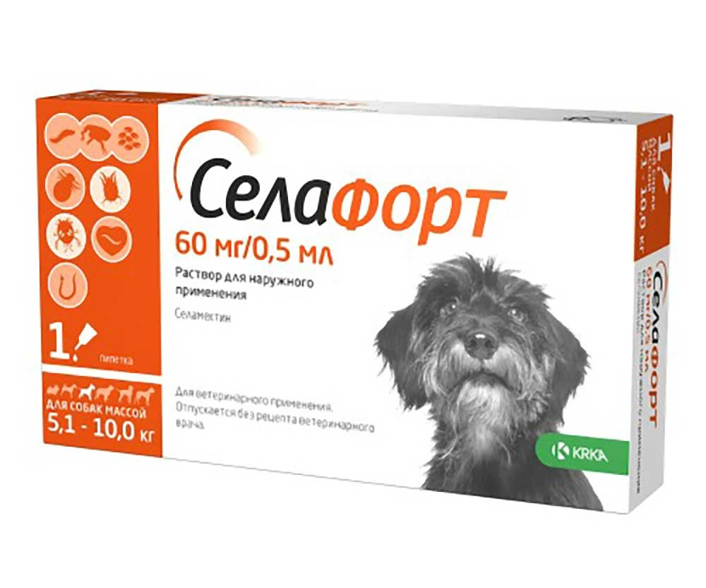 Селафорт Капли Для Собак Весом От 5,1 До 10 кг Против Внутренних и Внешних Паразитов 60 мг Оранжевый Колпачок KRKA