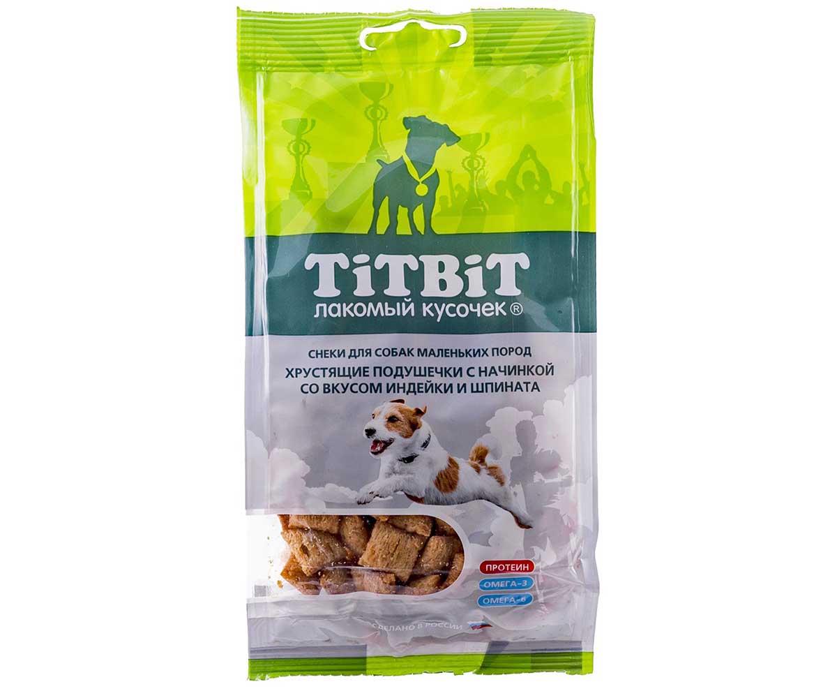 Лакомство Для Собак TiTBiT (Титбит) Хрустящие Подушечки Индейка и Шпинат 95г 2802