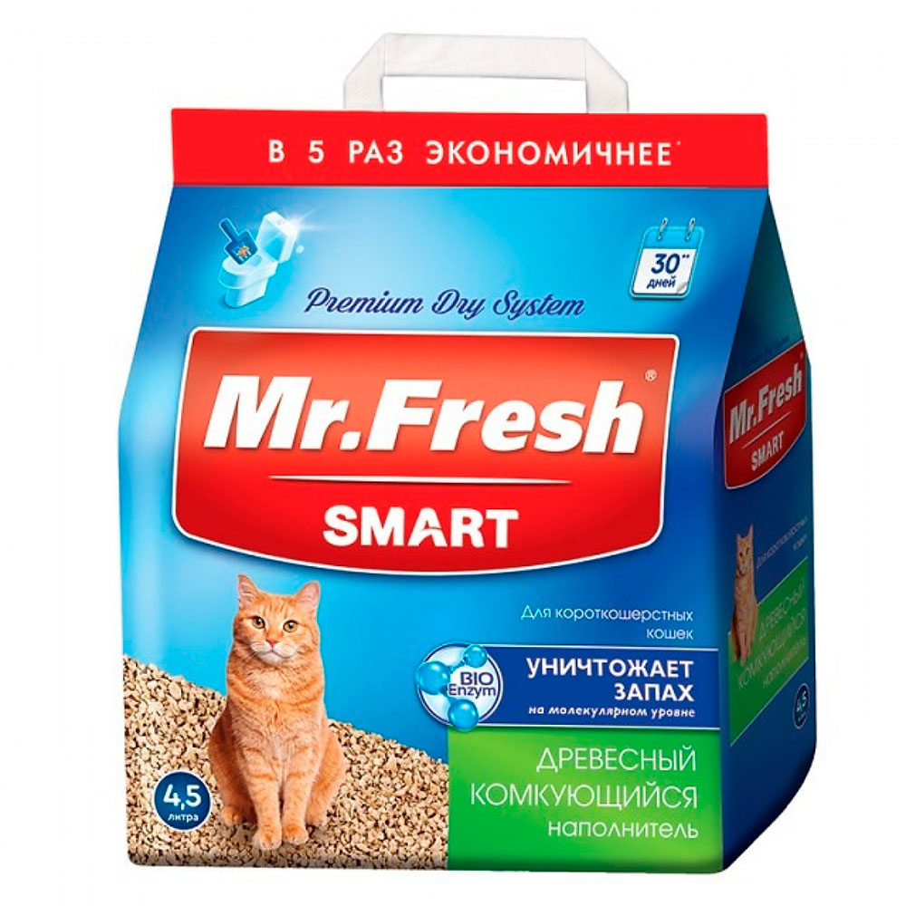 Наполнитель Для Кошачьего Туалета Mr.Fresh (Мистер Фреш) Древесный Комкующийся Для Короткошерстных Кошек 4,5л F601