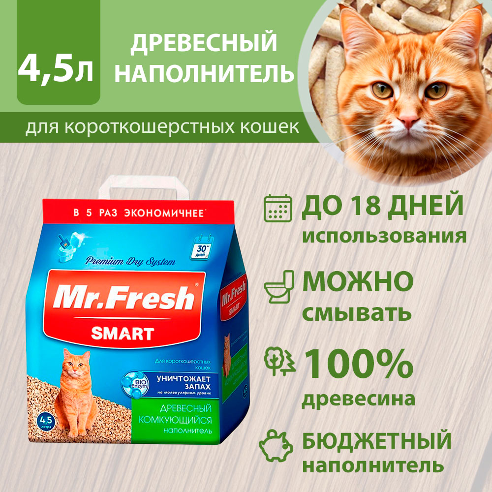 Наполнитель Для Кошачьего Туалета Mr.Fresh (Мистер Фреш) Древесный Комкующийся Для Короткошерстных Кошек 4,5л F601
