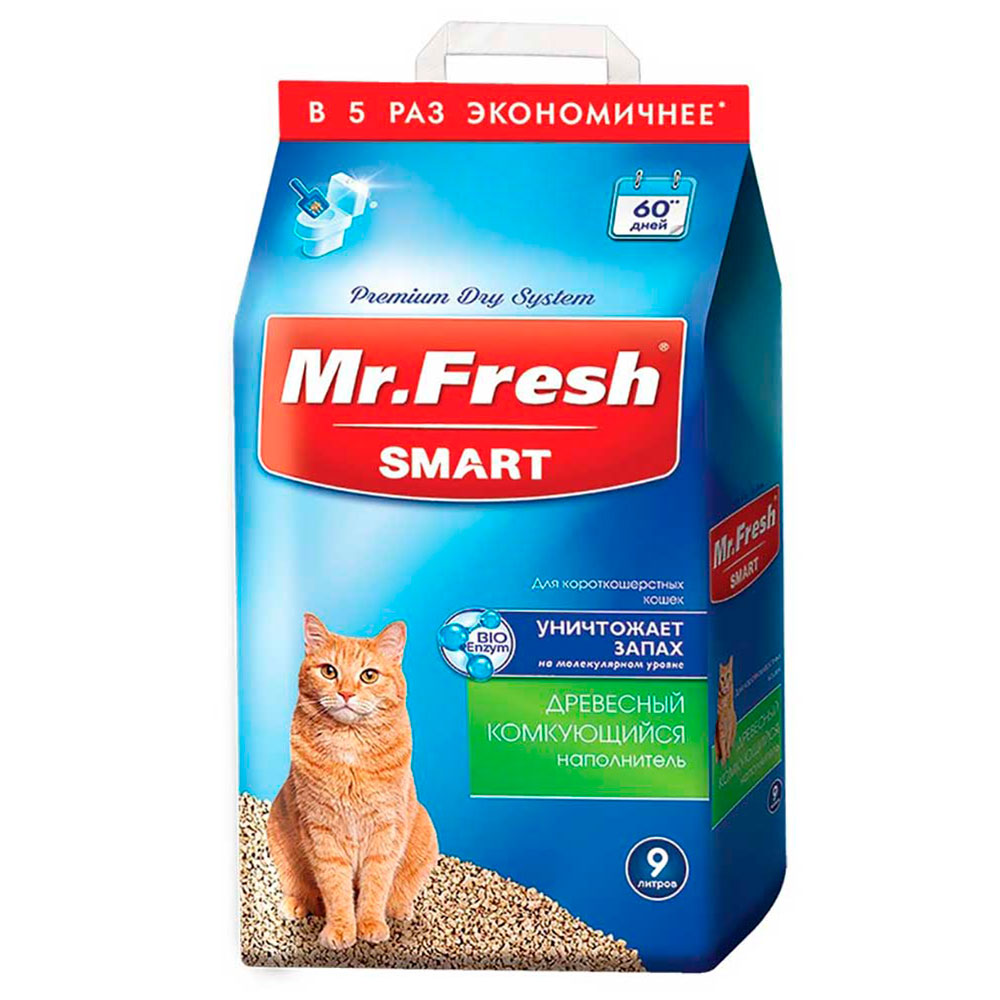 Наполнитель Для Кошачьего Туалета Mr.Fresh (Мистер Фреш) Древесный Комкующийся Для Короткошерстных Кошек 9л F602