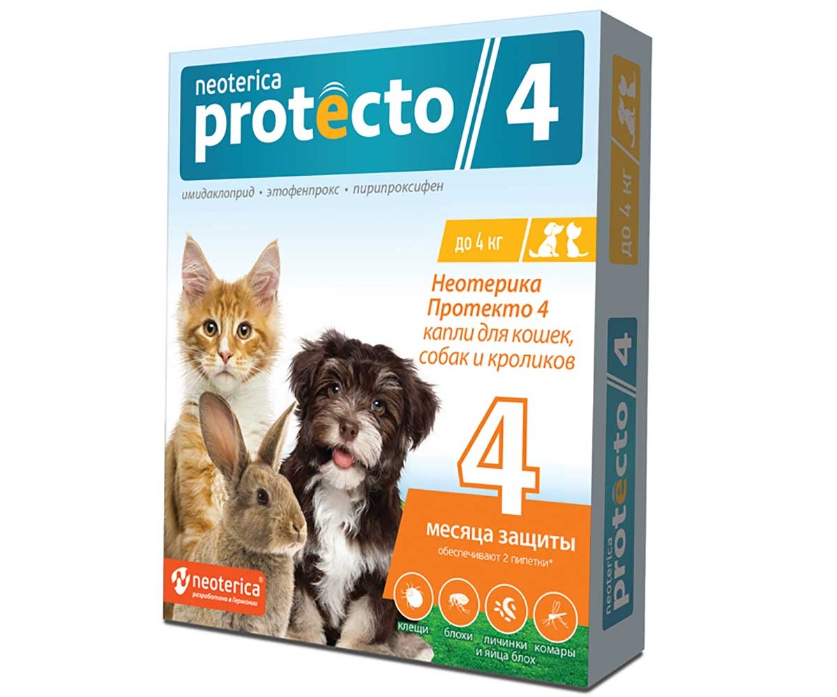 Protecto (Протекто) Капли Для Кошек Собак и Кроликов До 4кг От Блох Клещей и Комаров P301 Neoterica (Неотерика)