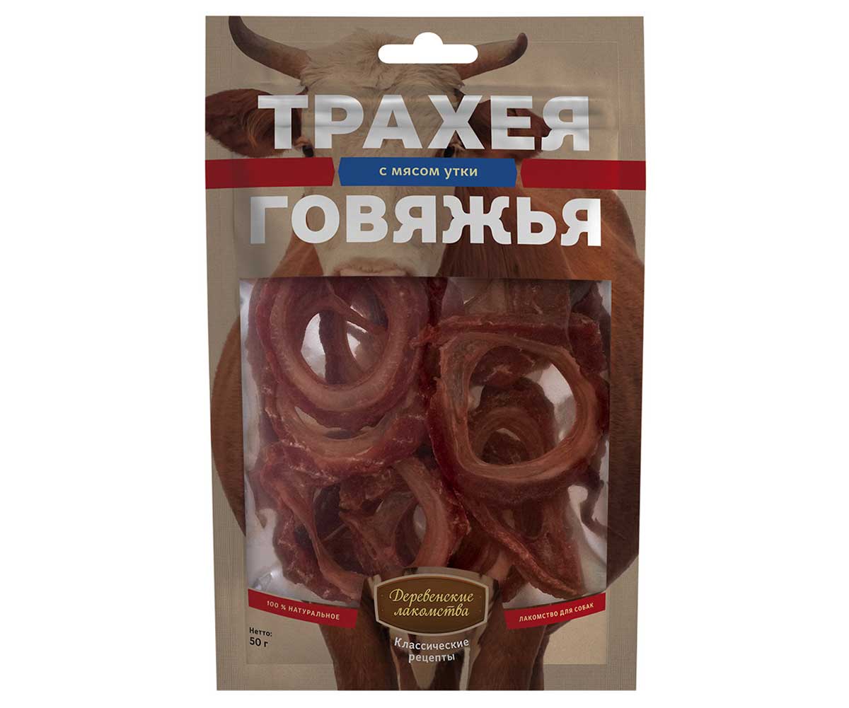 Лакомство Для Собак Деревенские Лакомства Трахея Говяжья с Мясом Утки 50г