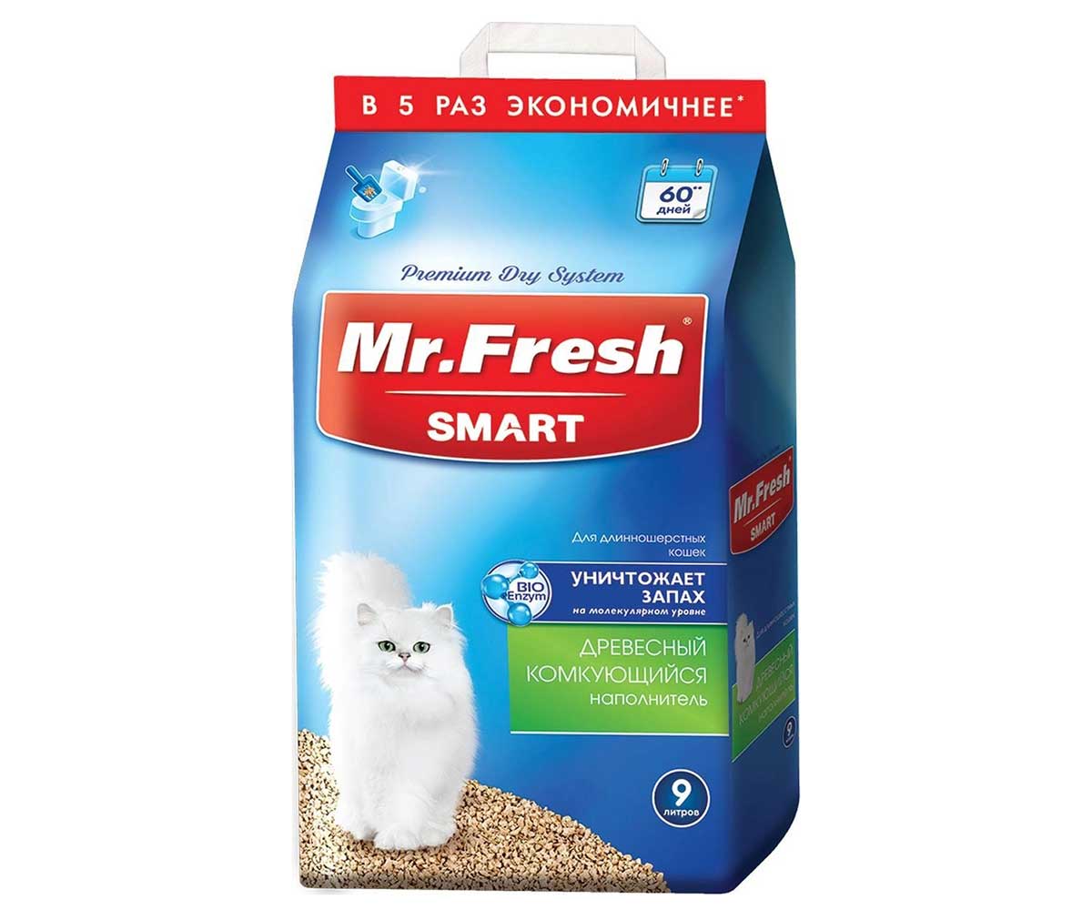 Наполнитель Для Кошачьего Туалета Mr.Fresh (Мистер Фреш) Smart Древесный Комкующийся Для Длинношерстных Кошек 9л F605