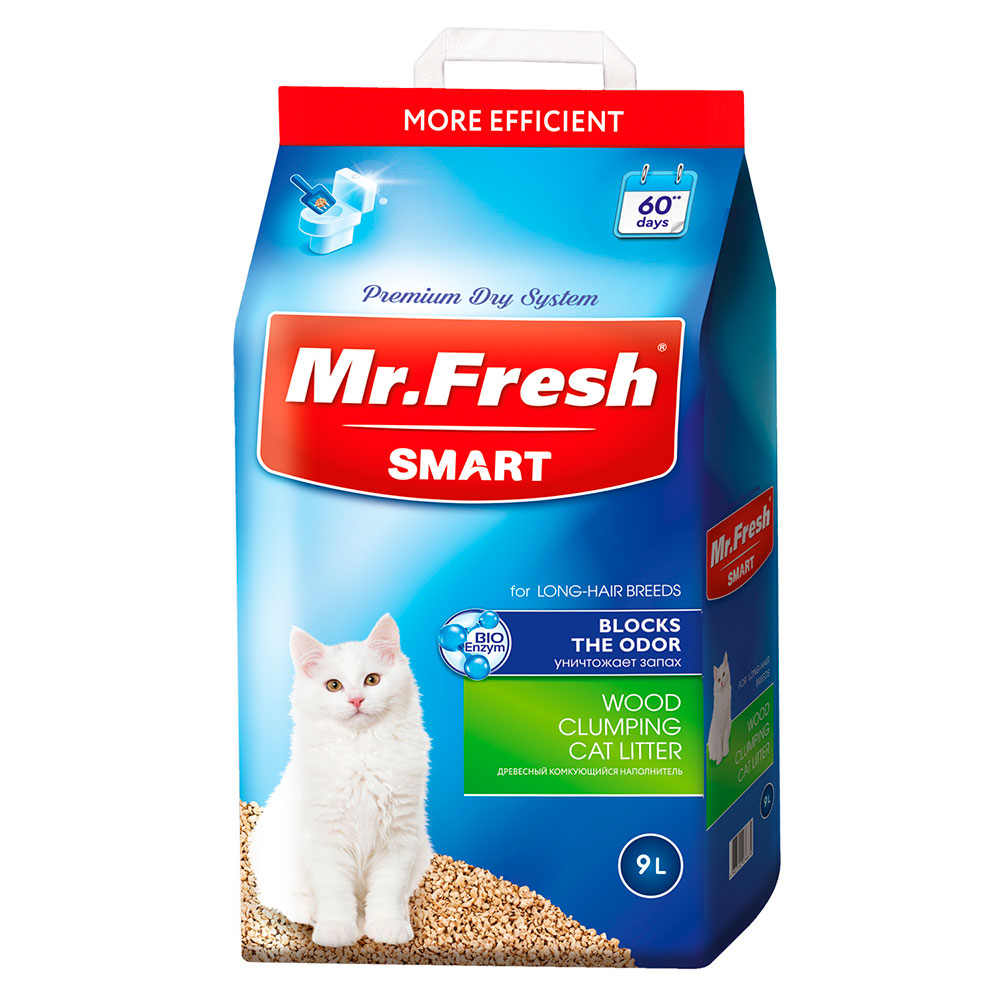 Наполнитель Для Кошачьего Туалета Mr.Fresh (Мистер Фреш) Smart Древесный Комкующийся Для Длинношерстных Кошек 9л F605
