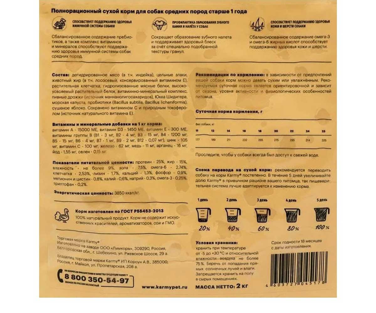 Сухой Корм Karmy (Карми) Для Собак Средних Пород Индейка Medium Adult Turkey 2кг