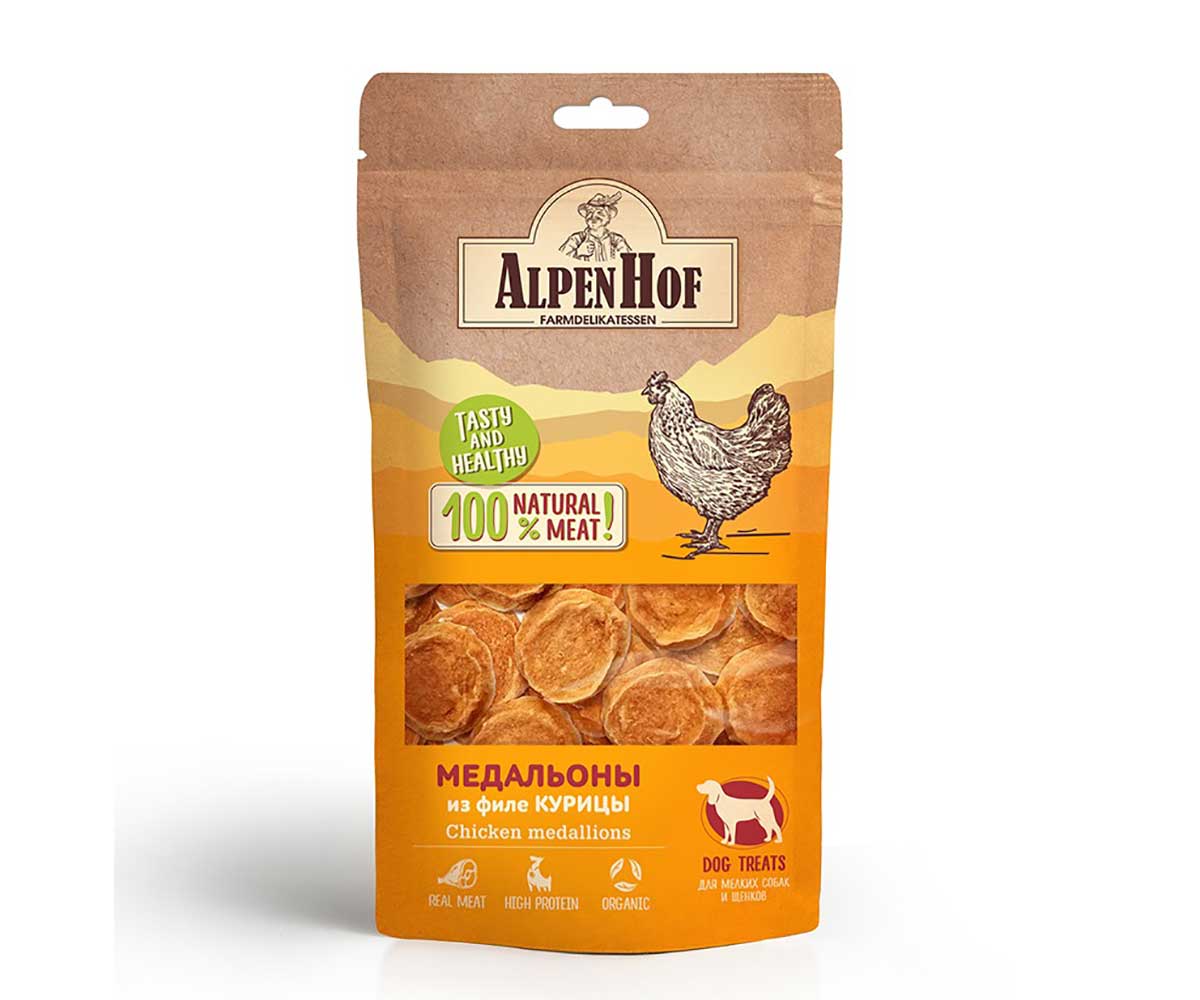 Лакомство Для Собак Мелких Пород и Щенков AlpenHof (Альпенхоф) Медальоны Из Филе Курицы 50г A508