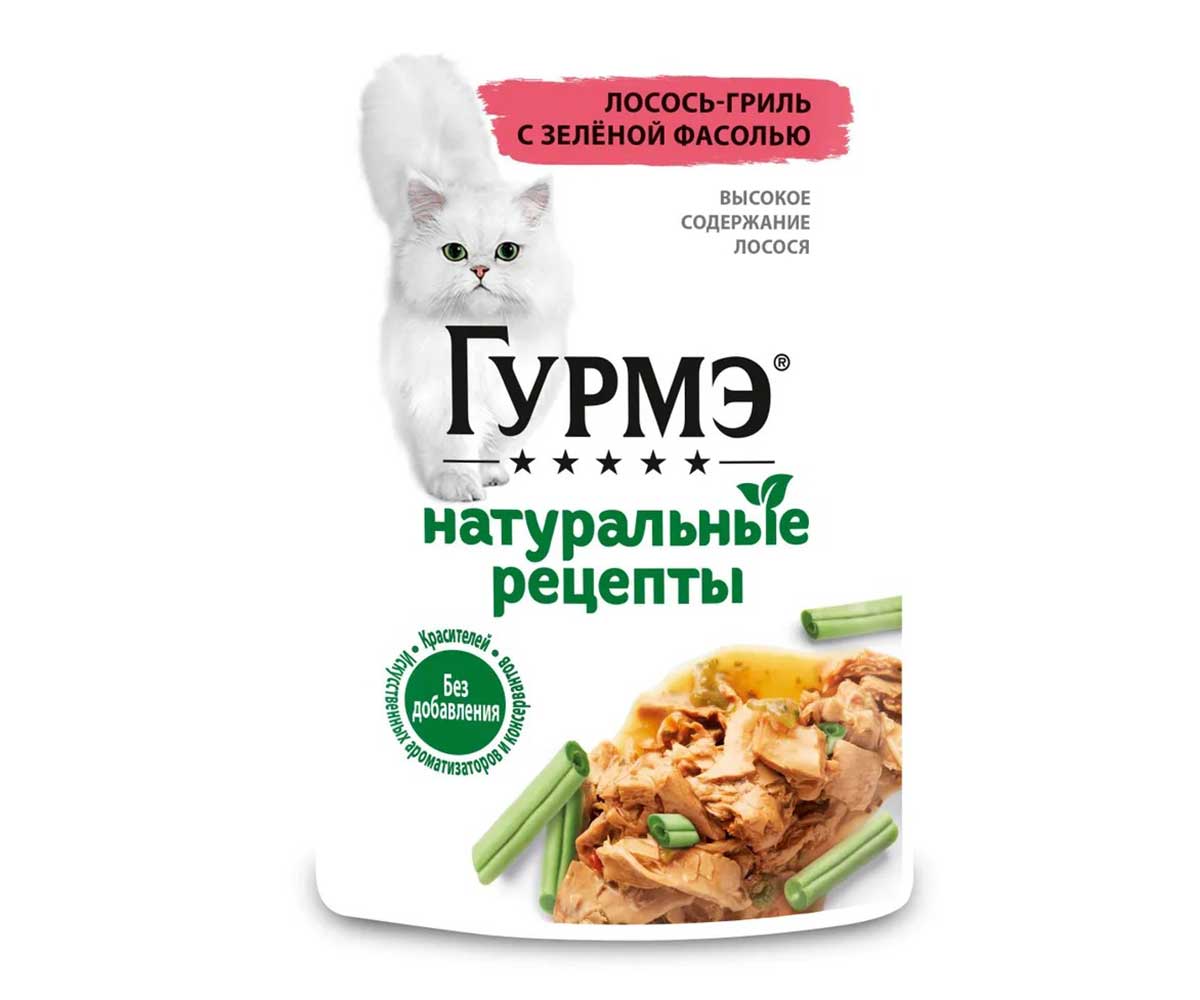 Влажный Корм Гурмэ Для Кошек Натуральные Рецепты Лосось и Зеленая Фасоль 75г (1*26)