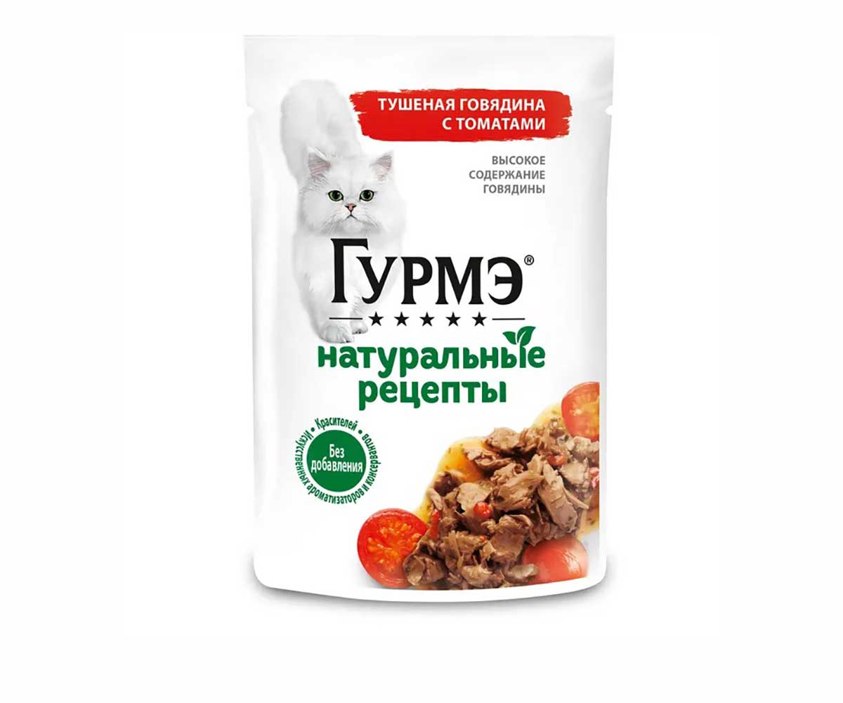 Влажный Корм Гурмэ Для Кошек Натуральные Рецепты Говядина и Томат 75г (1*26)