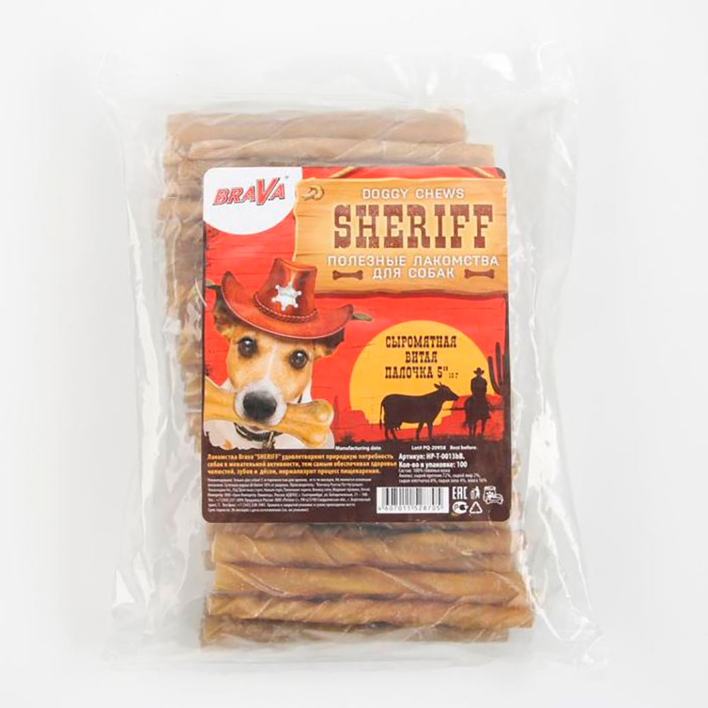 Лакомство Для Собак Brava (Брава) Шериф Sheriff Сыромятная Витая Палочка 5" 12,5см 10г 100шт Hp-T-0013bb