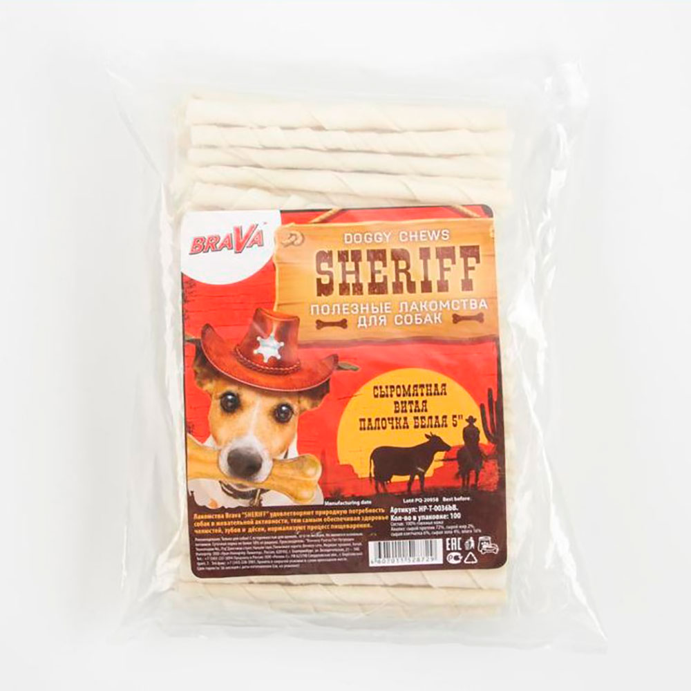 Лакомство Для Собак Brava (Брава) Шериф Sheriff Сыромятная Витая Палочка Белая 5" 12,5см 100шт Hp-T-0036bb