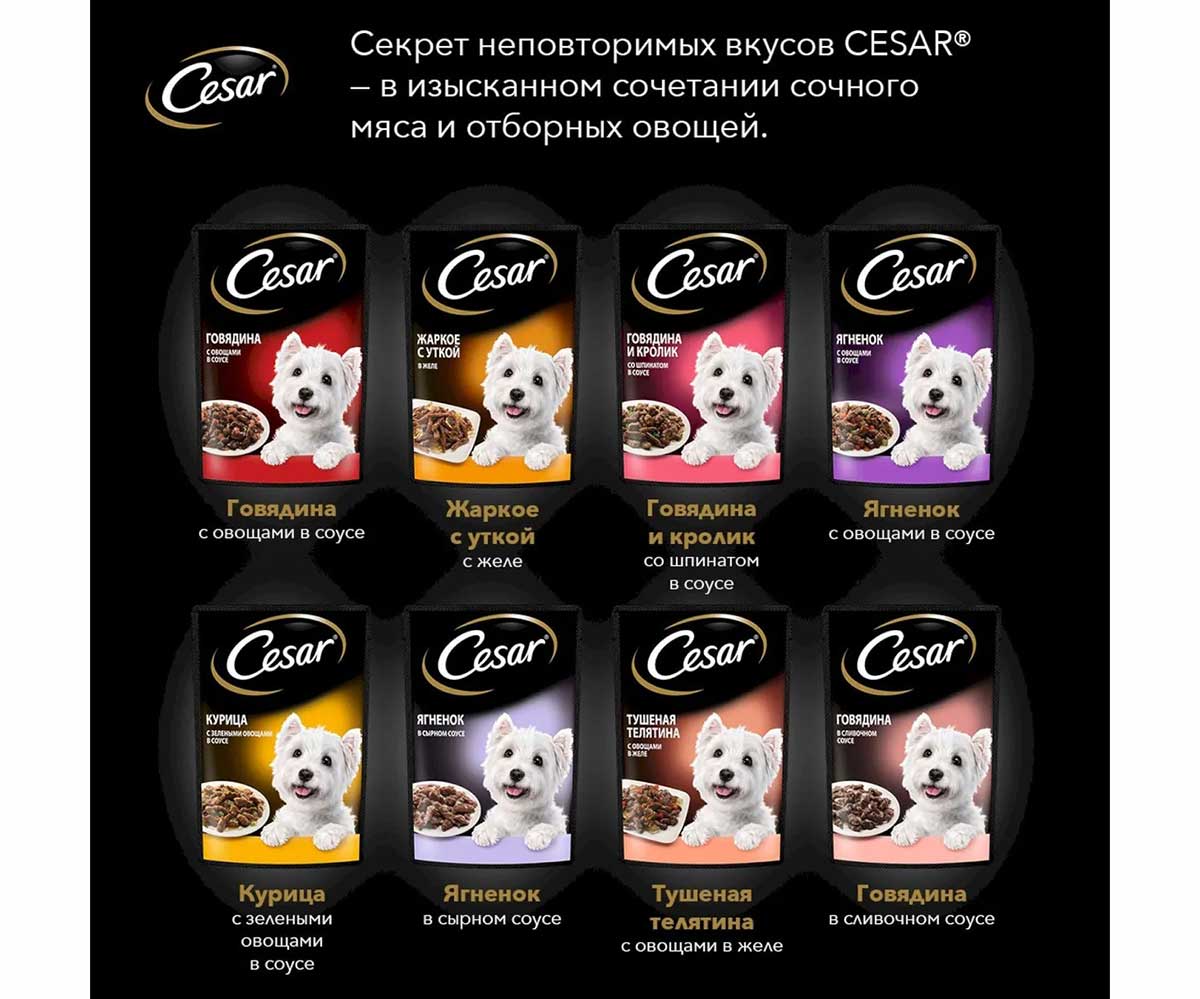 Влажный Корм Cesar (Цезарь) Для Собак Говядина Кролик и Шпинат в Соусе 85г (1*28)