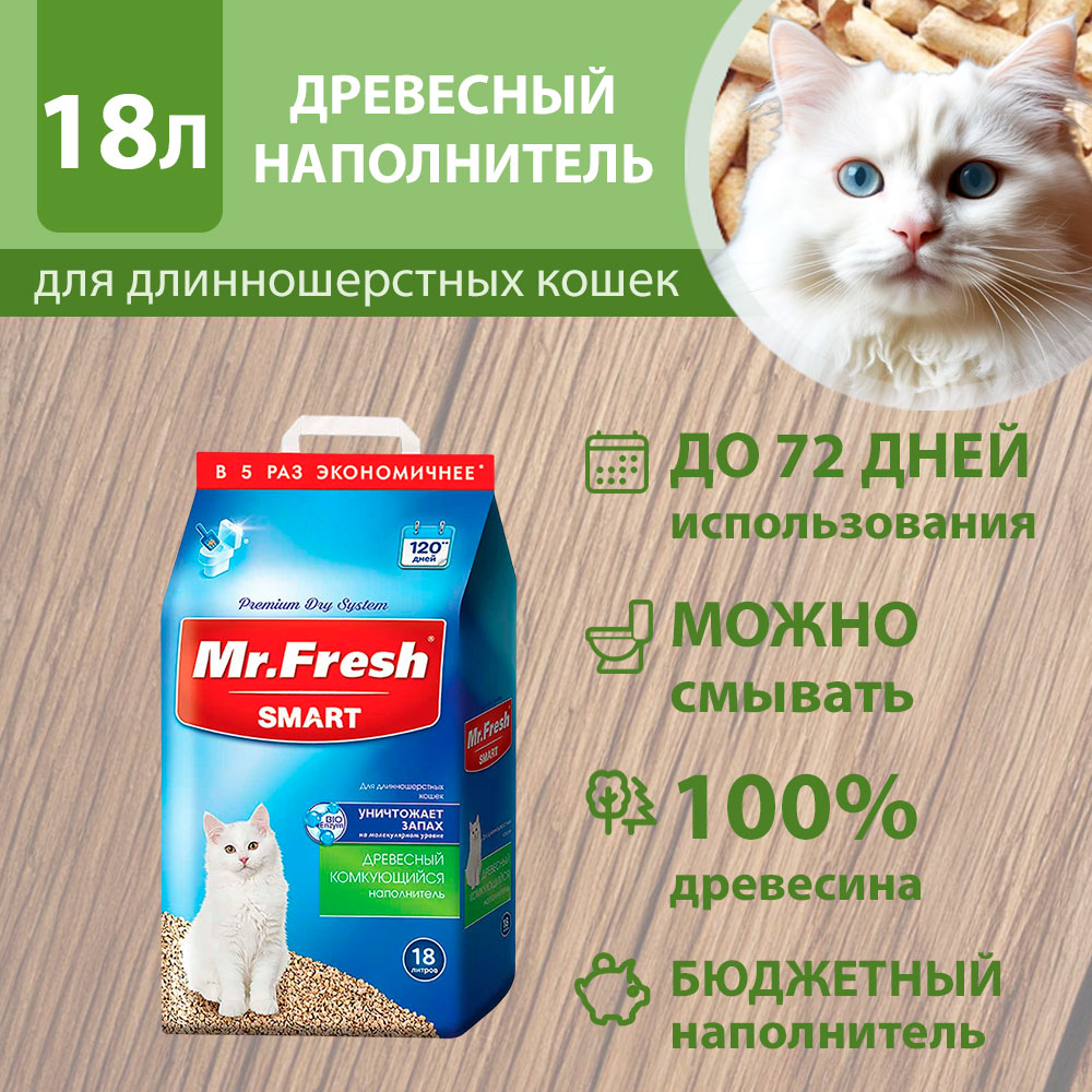 Наполнитель Для Кошачьего Туалета Mr.Fresh (Мистер Фреш) Smart Древесный Комкующийся Для Длинношерстных Кошек 18л F606