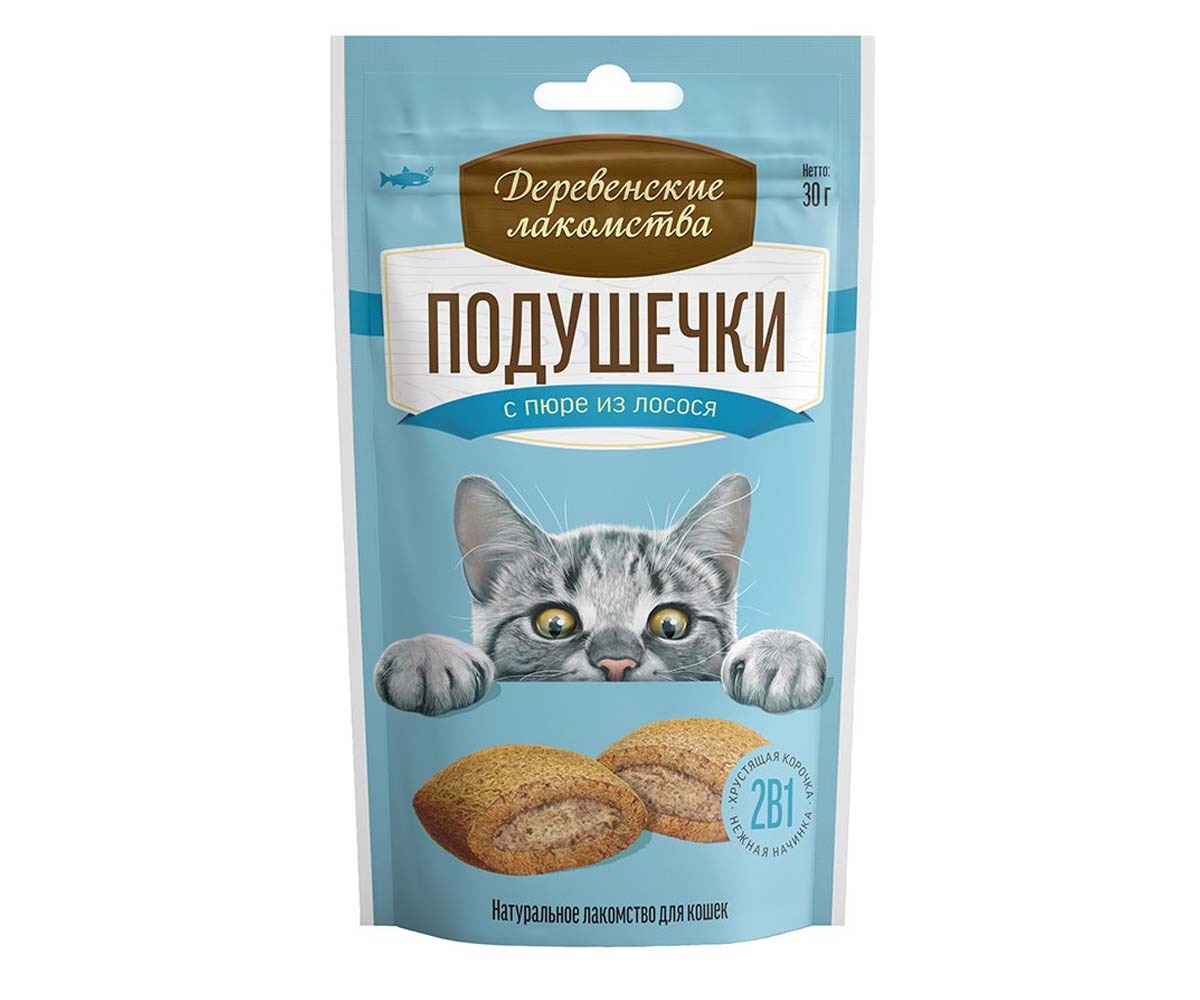 Деревенские Лакомства Для Кошек Подушечки с Пюре Из Лосося 30г 79207767