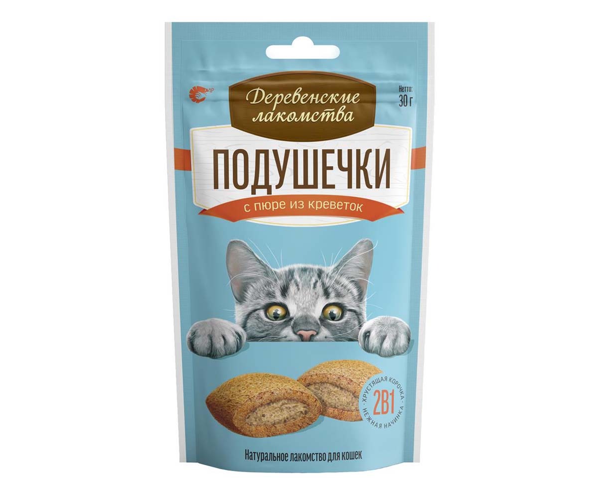 Деревенские Лакомства для Кошек Подушечки с Пюре Из Креветок 30г 79207781