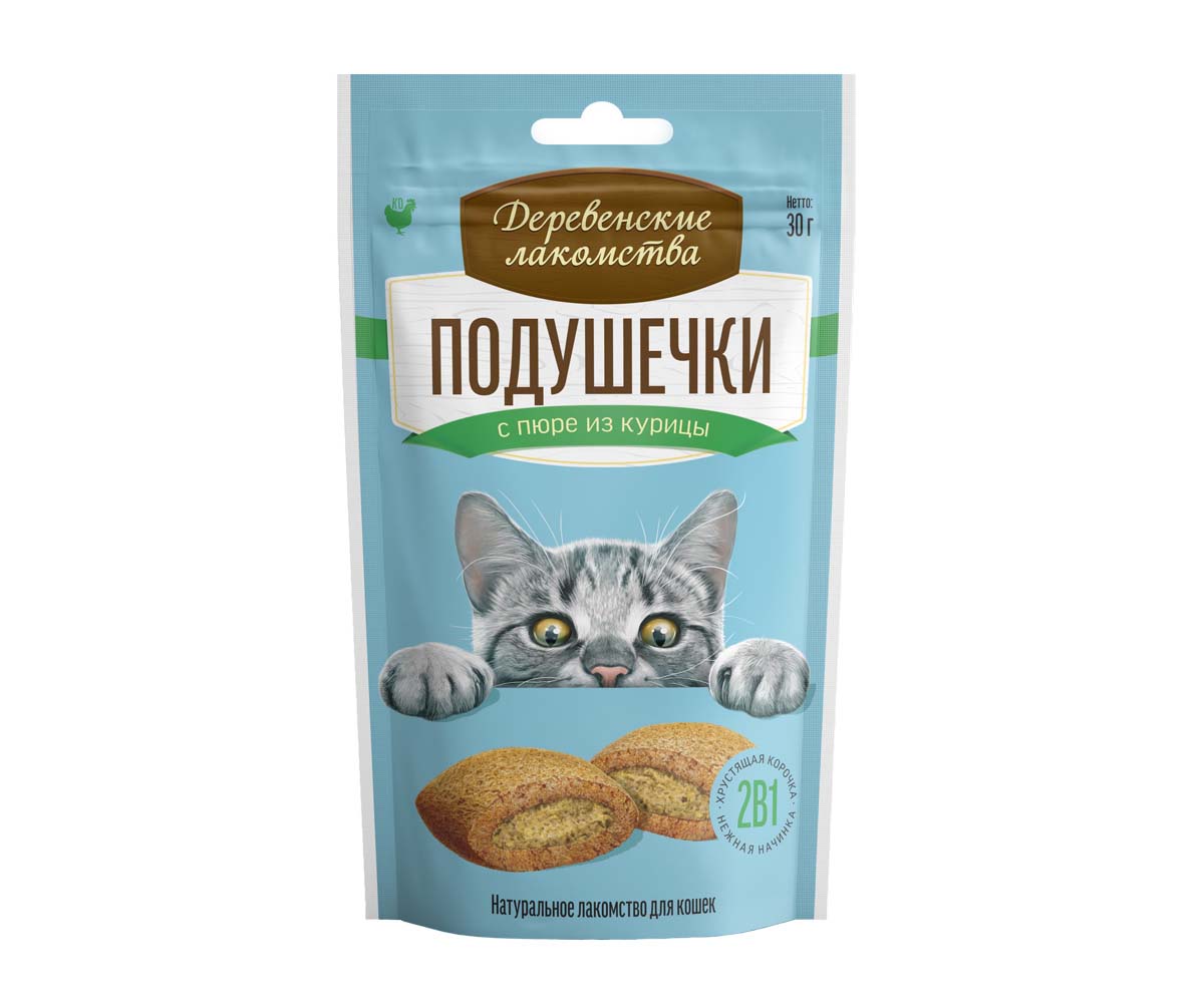 Деревенские Лакомства для Кошек Подушечки с Пюре Из Курицы 30г 79207774