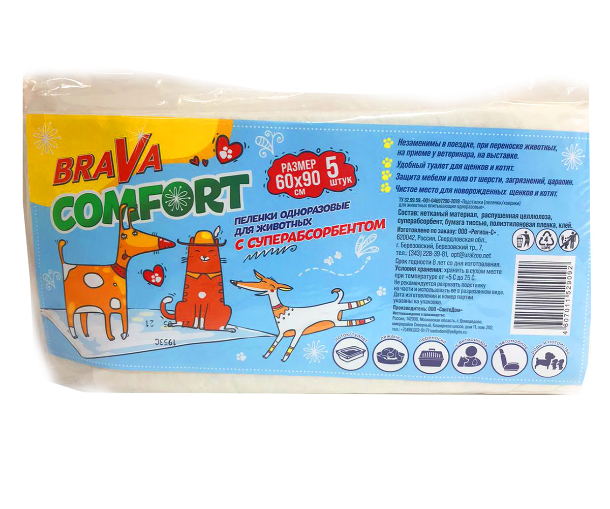 Пеленки Для Кошек и Собак Brava (Брава) Comfort с Суперабсорбентом 60*90см 5шт