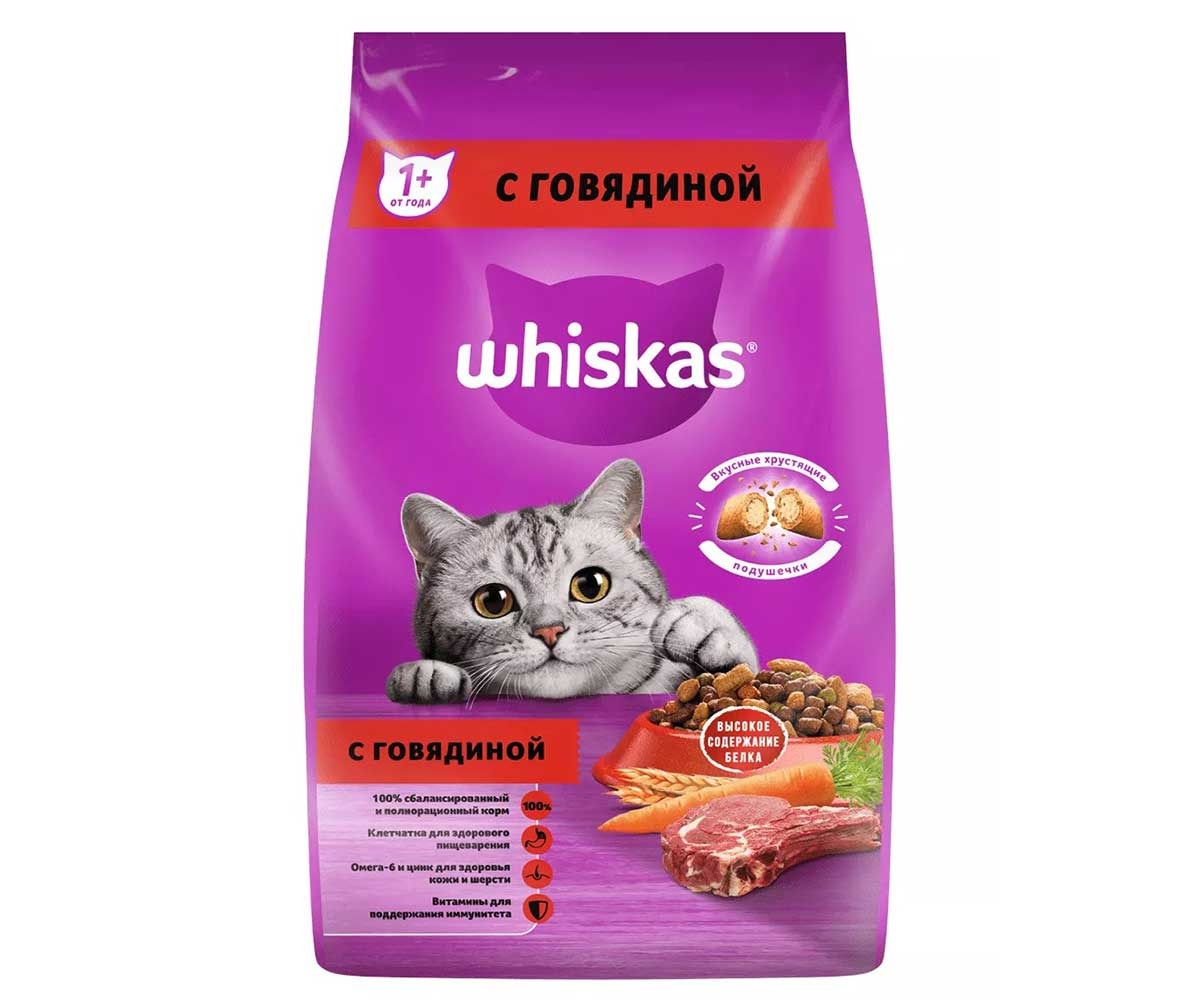 Сухой Корм Whiskas (Вискас) Для Кошек Говядина Подушечки с Паштетом Аппетитный Обед 5кг (1*1)