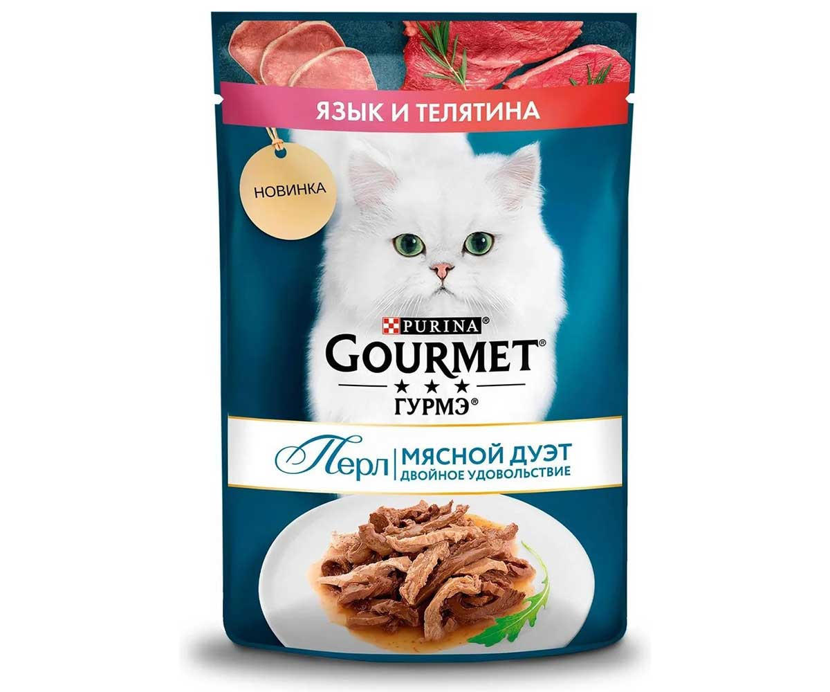 Влажный Корм Гурмэ Для Кошек Перл Мясной Дуэт Язык и Телятина в Соусе 75г (1*26)