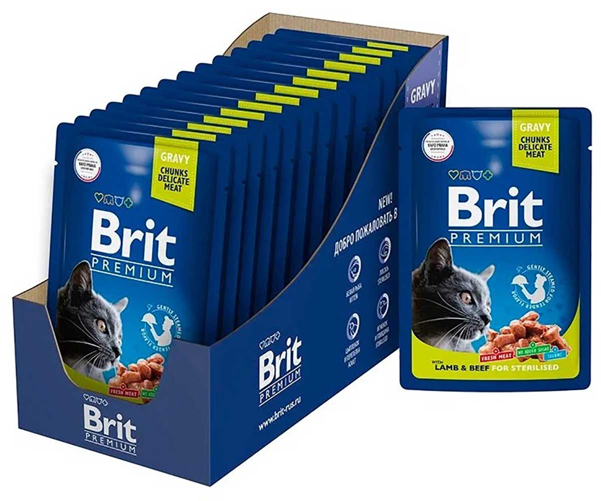 Влажный Корм Brit (Брит) Для Стерилизованных Кошек Ягненок и Говядина в Соусе Premium Cat Lamb & Beef For Sterilised 85г 5048922 (1*24)