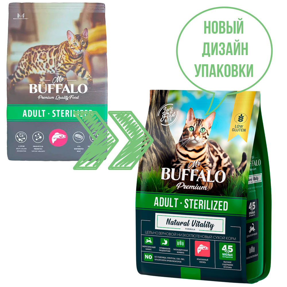 Сухой Корм Mr.Buffalo (Мистер Буффало) Для Стерилизованных Кошек Лосось Adult Sterilized 1,8кг B119