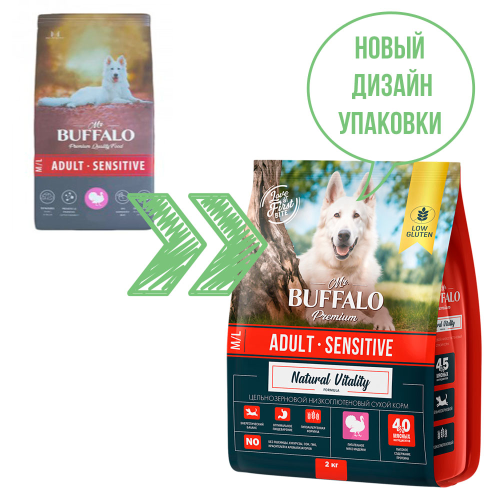 Сухой Корм Mr.Buffalo (Мистер Буффало) Для Собак Средних и Крупных Пород с Чувствительным Пищеварением Индейка Adult M/L Sensitive 2кг B131