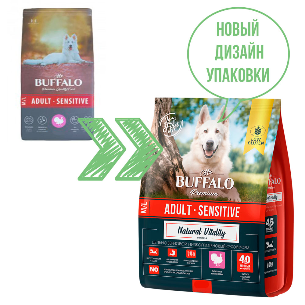 Сухой Корм Mr.Buffalo (Мистер Буффало) Для Собак Средних и Крупных Пород с Чувствительным Пищеварением Индейка Adult M/L Sensitive 14кг B132