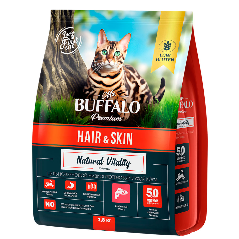 Сухой Корм Mr.Buffalo (Мистер Буффало) Для Кошек с Чувствительной Кожей и Шерстью Лосось Adult Hair & Skin 1,8кг B111