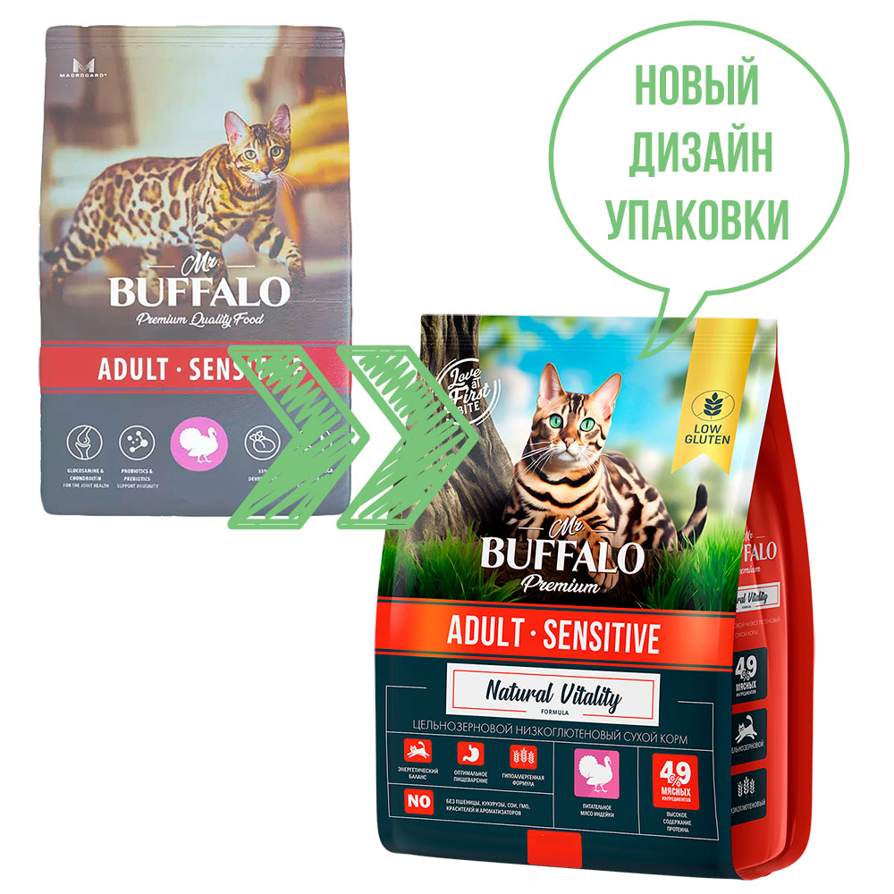 Сухой Корм Mr.Buffalo (Мистер Буффало) Для Кошек с Чувствительным Пищеварением Индейка Adult Sensitive 1,8кг B108