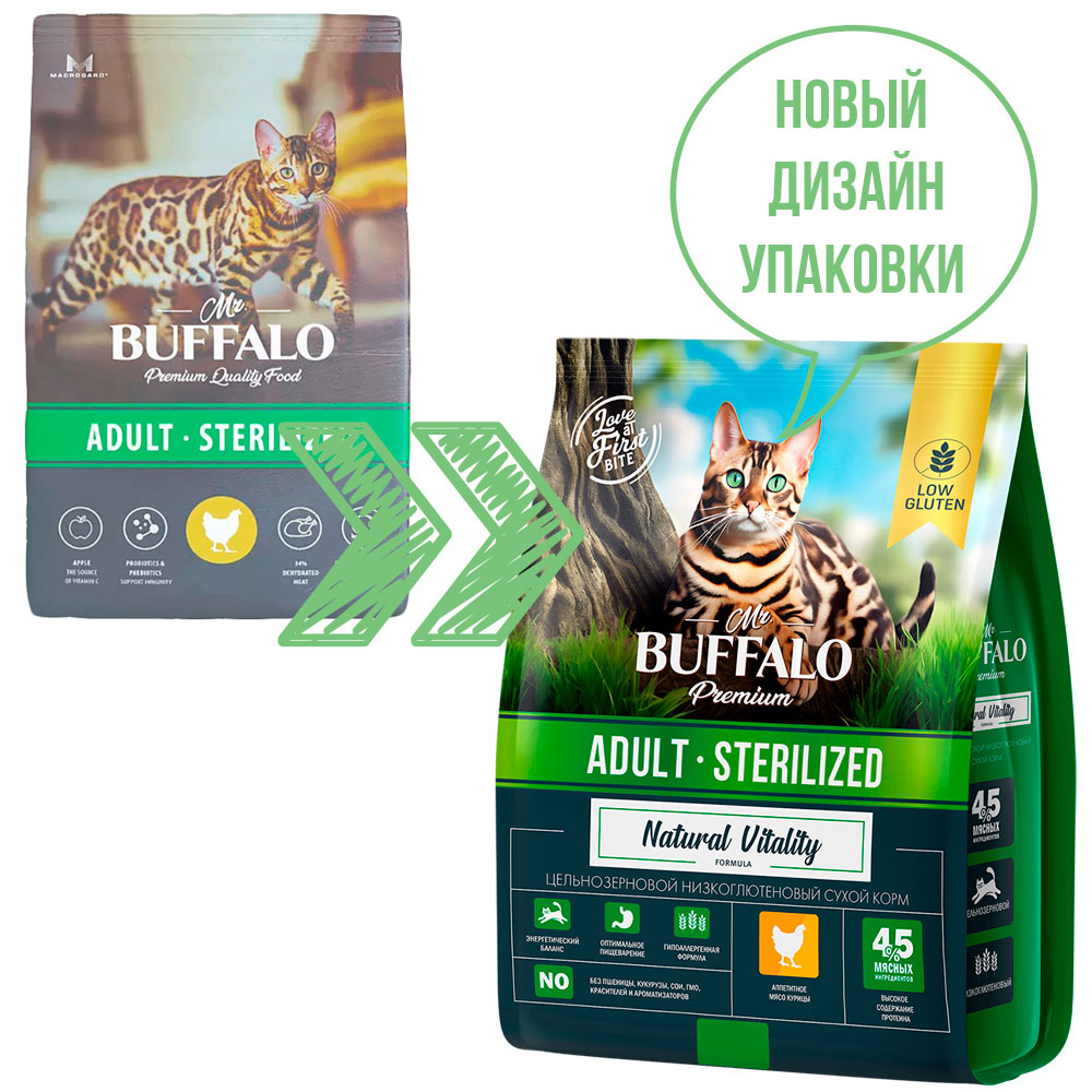 Сухой Корм Mr.Buffalo (Мистер Буффало) Для Стерилизованных Кошек Курица Adult Sterilized 1,8кг B113