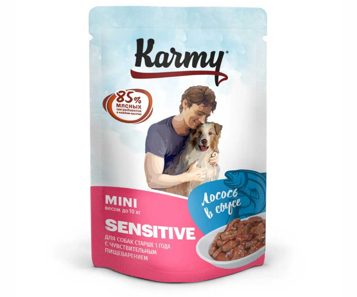 Влажный Корм Karmy (Карми) Для Собак Мелких Пород с Чувствительным Пищеварением Лосось в Соусе Mini Sensitive 80г 7932