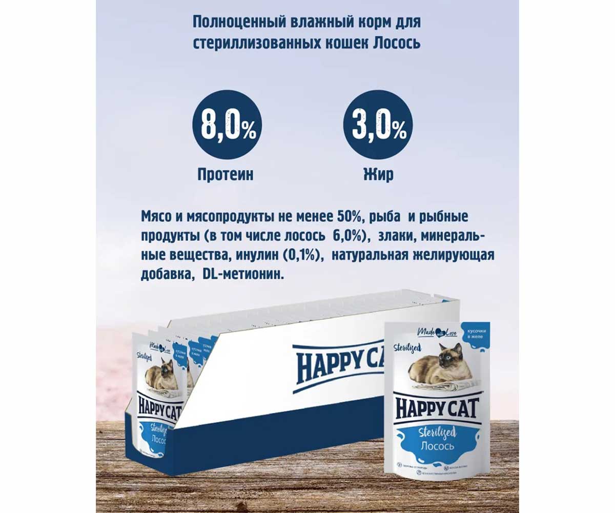 Влажный Корм Happy Cat (Хэппи Кэт) Для Стерилизованных Кошек Лосось Кусочки в Желе 100г 7504211