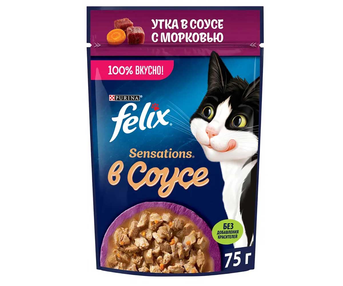 Влажный Корм Felix (Феликс) Для Кошек Утка и Морковь в Соусе Sensation 75г (1*26)