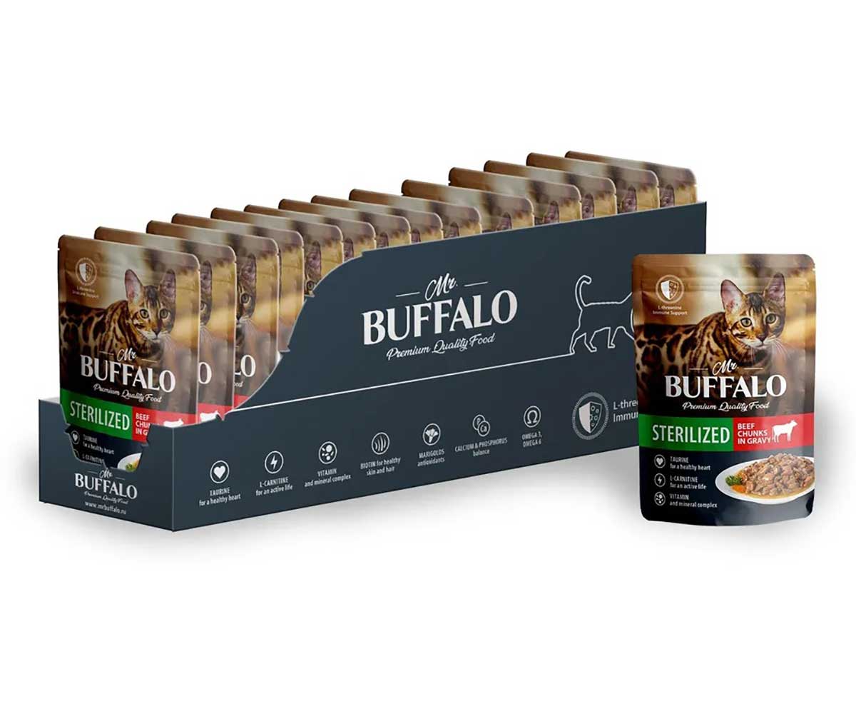 Влажный Корм Mr.Buffalo (Мистер Буффало) Для Стерилизованных Кошек Говядина в Соусе Adult Sterilized 85г (1*28) B306