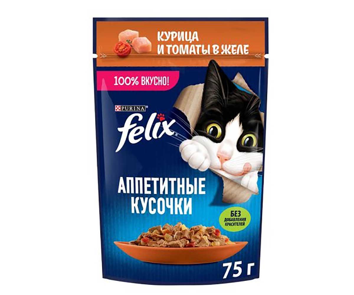 Влажный Корм Felix (Феликс) Для Кошек Аппетитные Кусочки Курица и Томаты в Желе 75г (1*26)
