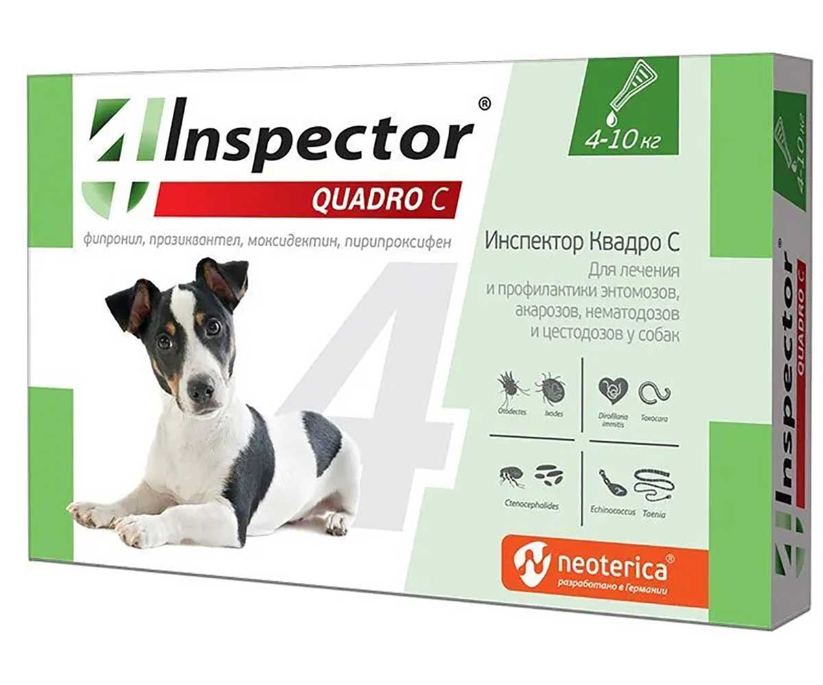 Inspector Quadro (Инспектор Куадро) Капли Против Внешних и Внутренних Паразитов Для Собак 4-10кг 3шт I315