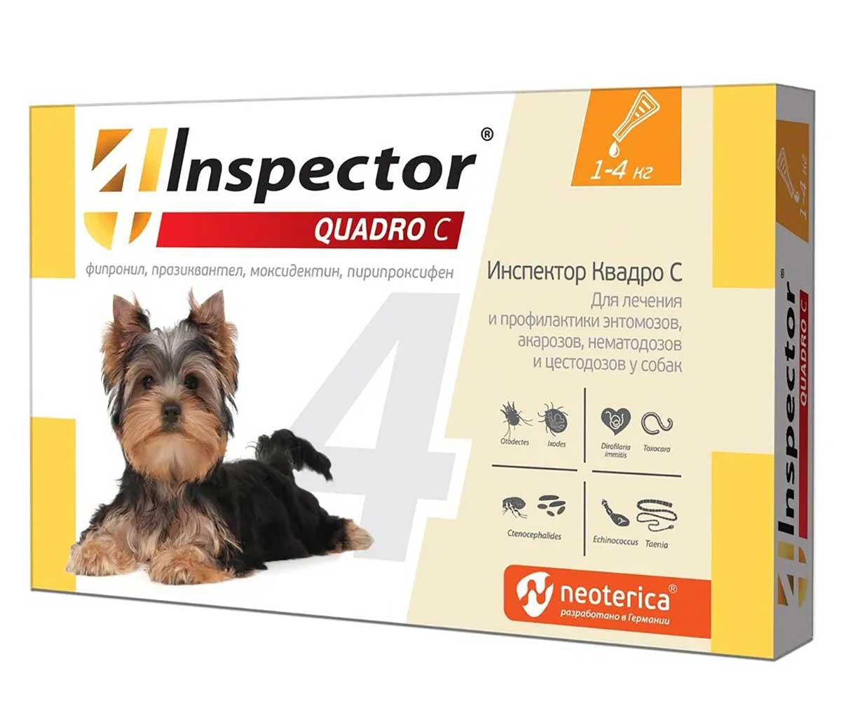 Inspector Quadro (Инспектор Куадро) Капли Против Внешних и Внутренних Паразитов Для Собак 1-4кг 3шт I314