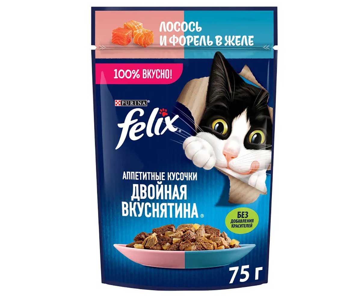Влажный Корм Felix (Феликс) Двойной Вкус Для Кошек Лосось и Форель в Желе 75г (1*26)