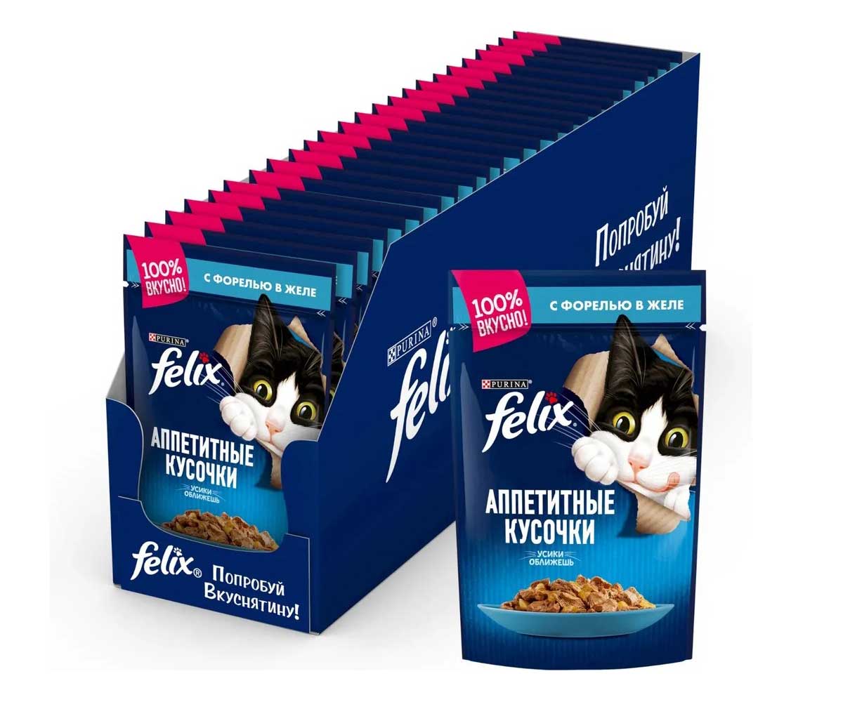 Влажный Корм Felix (Феликс) Для Кошек Форель в Желе Аппетитные Кусочки Паучи 75г 26шт в Блоке (1*1)