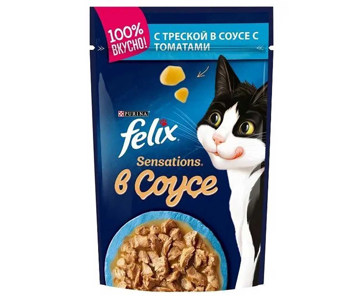 Влажный Корм Felix (Феликс) Для Кошек Треска и Томат в Соусе Sensation Паучи 75г 26шт в Блоке (1*1)